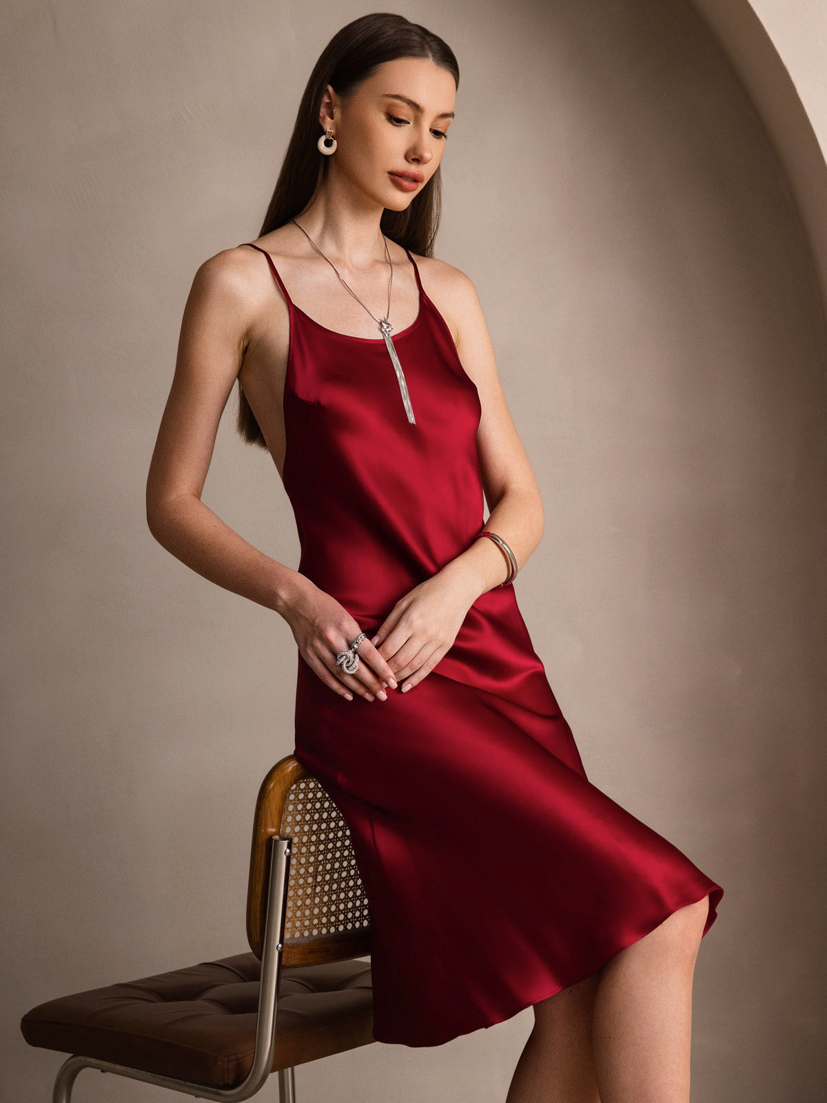 Rosstef Pure Silk Midi Dress with Criss Cross V-Back
