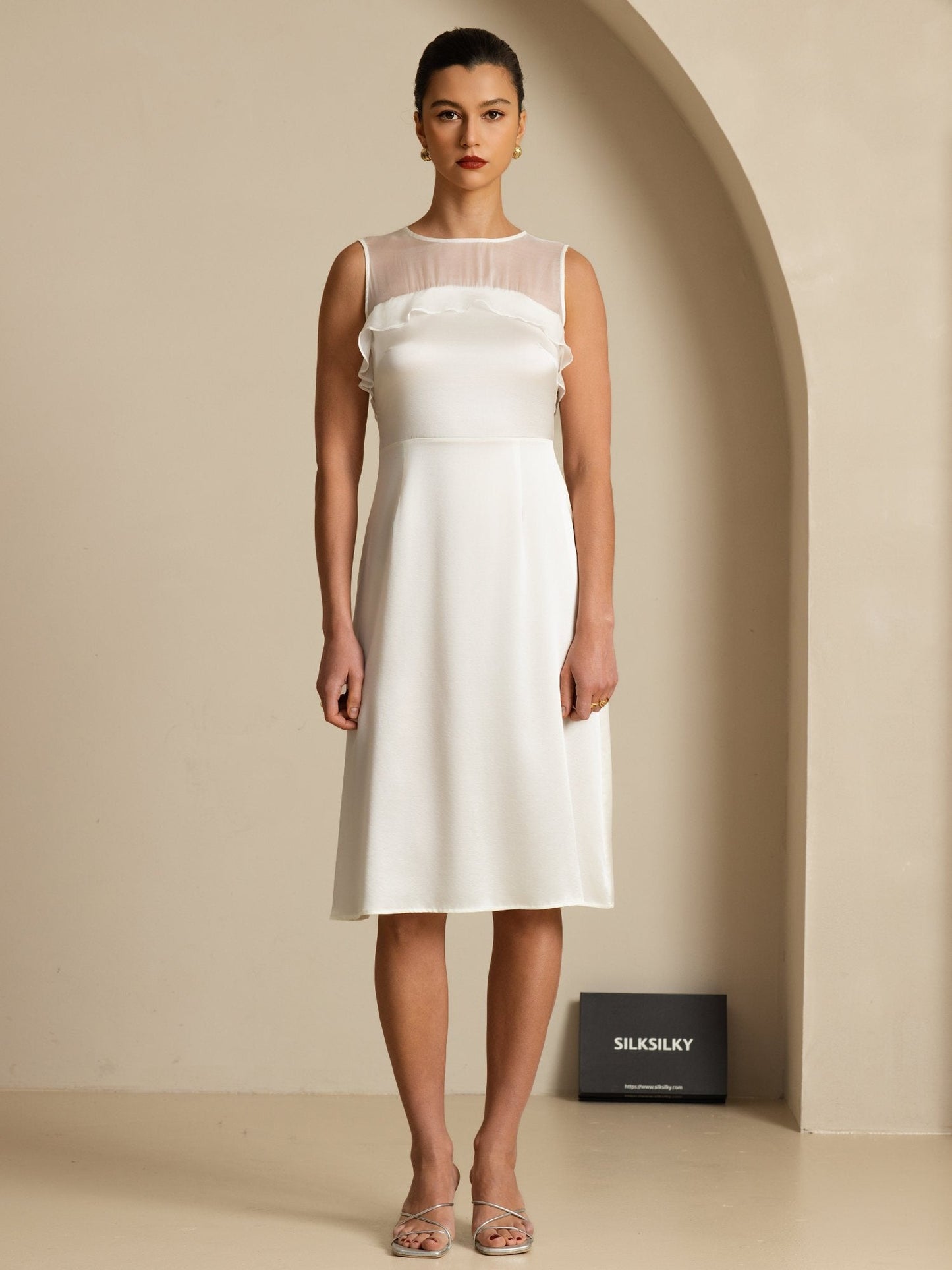 Rosstef 19Momme Pure Silk Illusion Neck Sleeveless Knee Length Giyin
