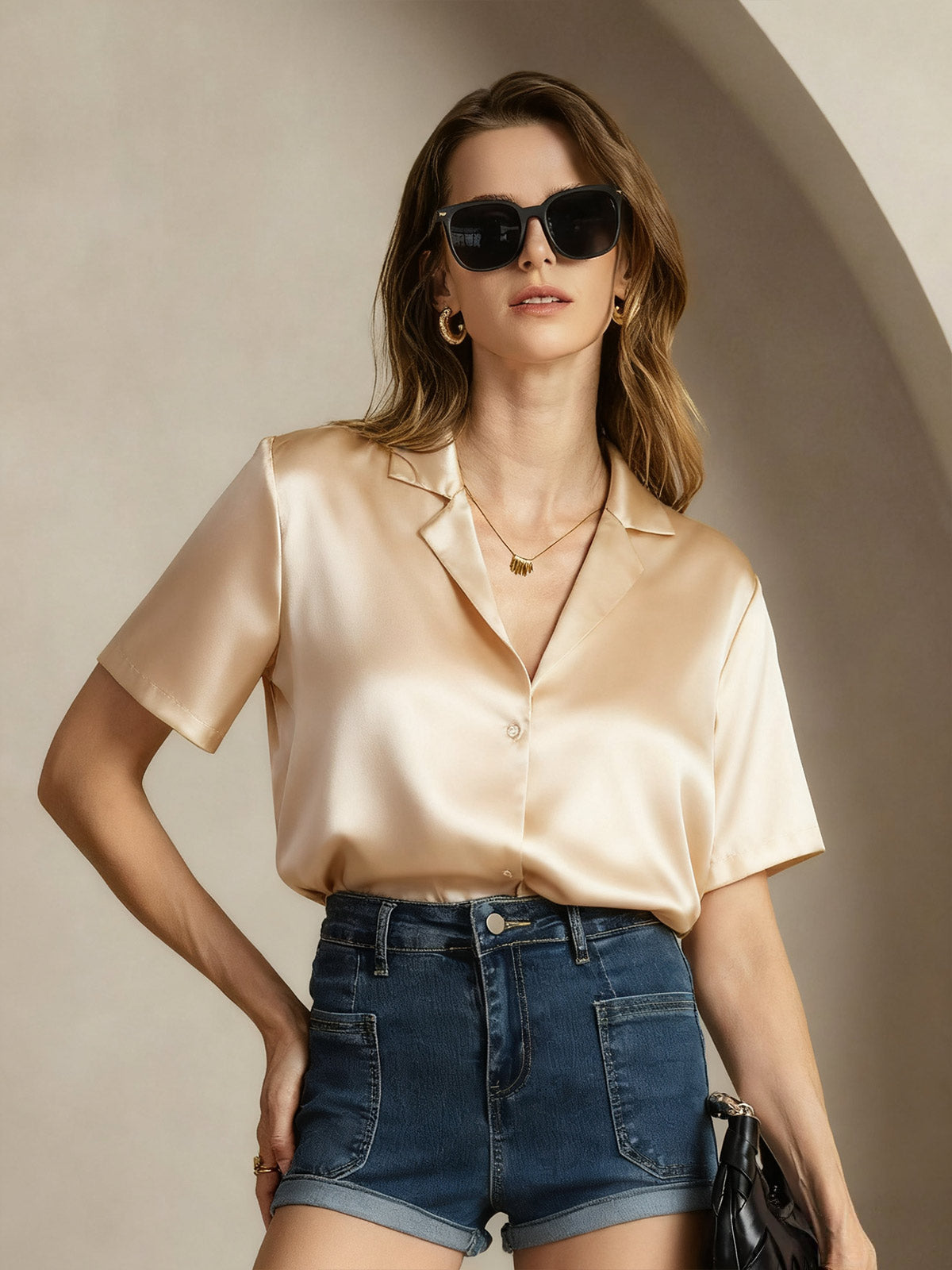 Rosstef 19Momme Silk Short Sleeve Notched Lapel Kadın Elbisesi