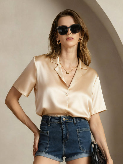 Rosstef 19Momme Silk Short Sleeve Notched Lapel Kadın Elbisesi