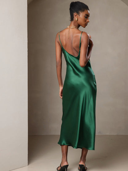 Rosstef 100% Mulberry Silk Spaghetti Strap V Neck Midi Dress