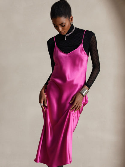 Rosstef 100% Mulberry Silk Spaghetti Strap V Neck Midi Dress