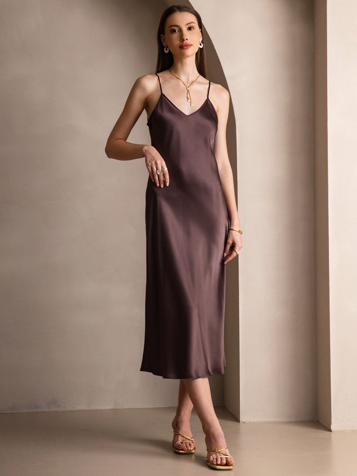 Rosstef 100% Mulberry Silk Spaghetti Strap V Neck Midi Dress