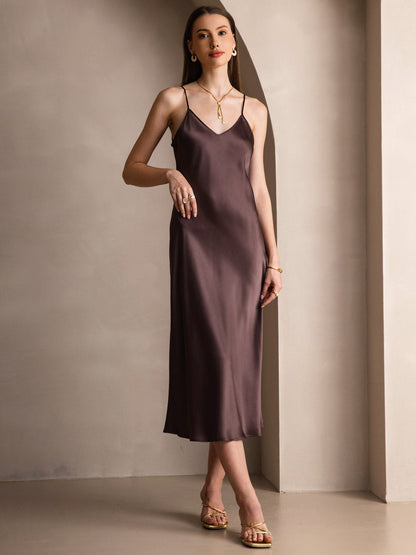 Rosstef 100% Mulberry Silk Spaghetti Strap V Neck Midi Dress