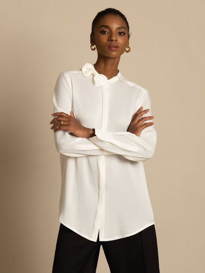 Rosstef 19Momme Stretch Silk Kadın Uzun Kollu Bow Bluzu