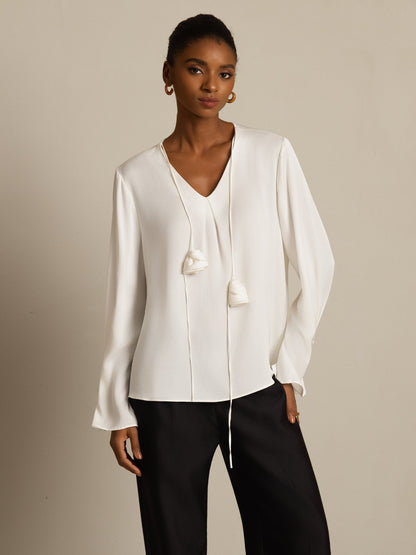 Rosstef 19Momme Stretch Silk V Neck Long Sleeve Blouse