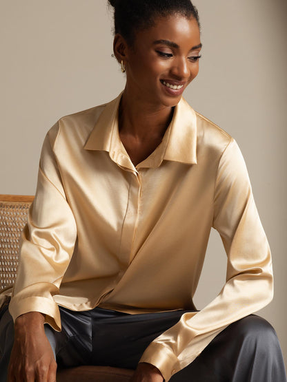 Rosstef 19Momme Silk Long Sleeve Lapel Collar Kadın Bluzu