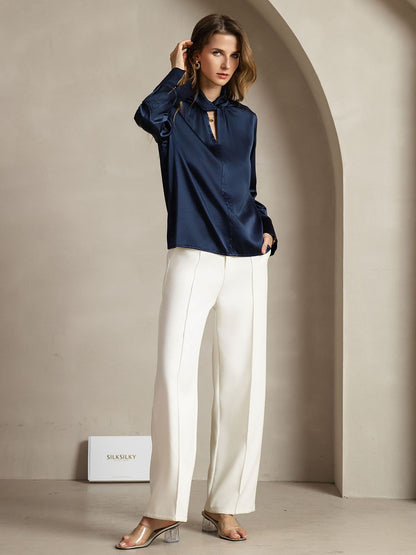 Rosstef 19Momme Silk Keyhole Neck Blouse with Pearl Buttons