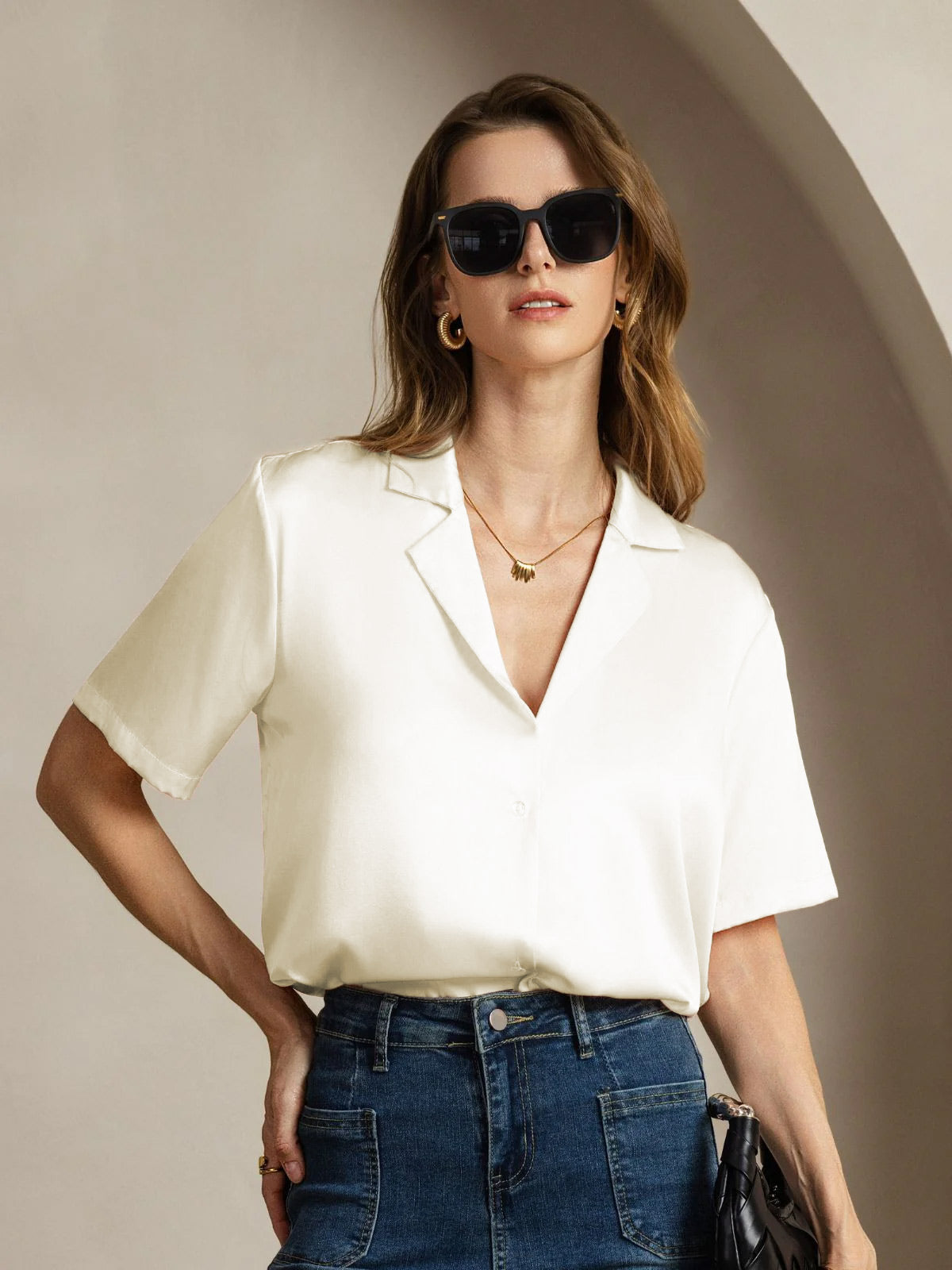 Rosstef 19Momme Silk Short Sleeve Notched Lapel Kadın Elbisesi