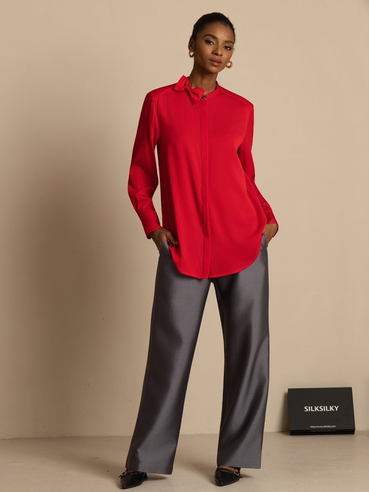 Rosstef 19Momme Stretch Silk Kadın Uzun Kollu Bow Bluzu