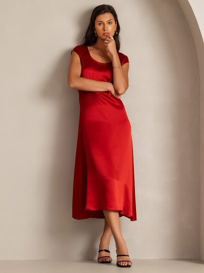 Rosstef 19Momme Silk Cap Sleeve Round Neck Midi Dress