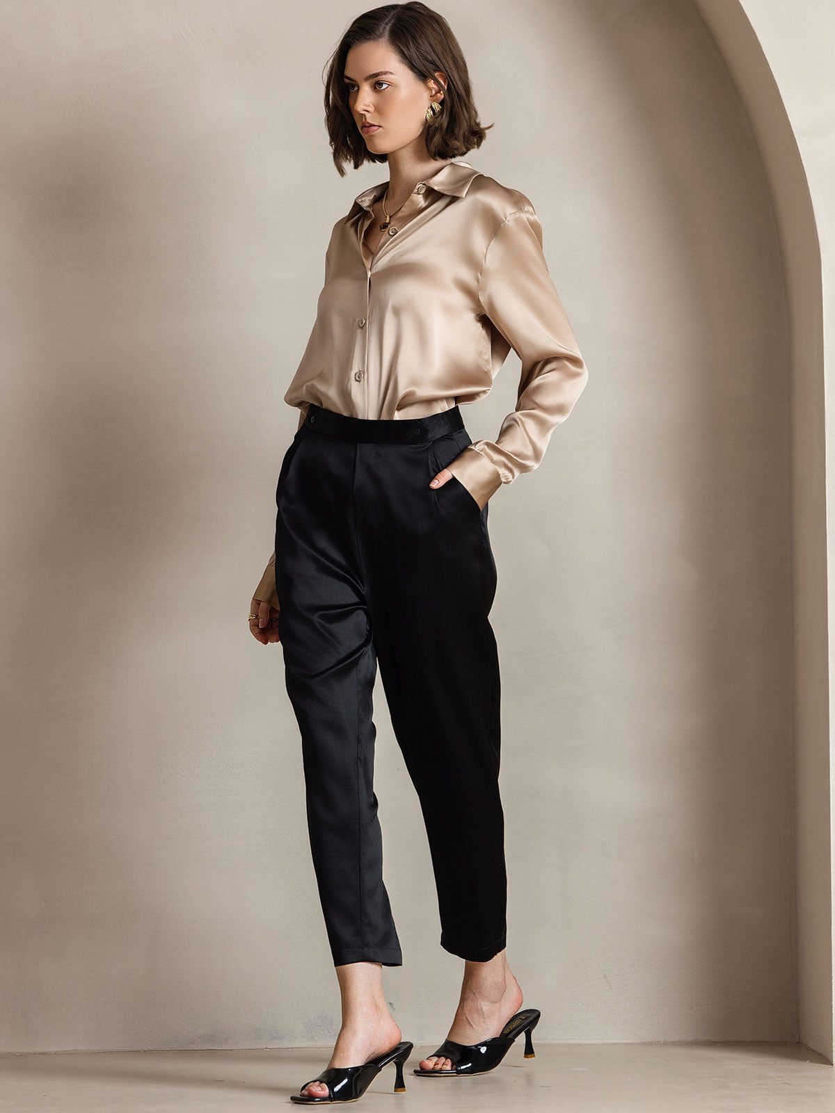 Rosstef 19Momme Sik Long Sleeve Lapel Collar Kadın Günüşü