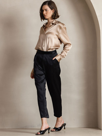 Rosstef 19Momme Silk Long Sleeve Lapel Collar Kadın Giyimi