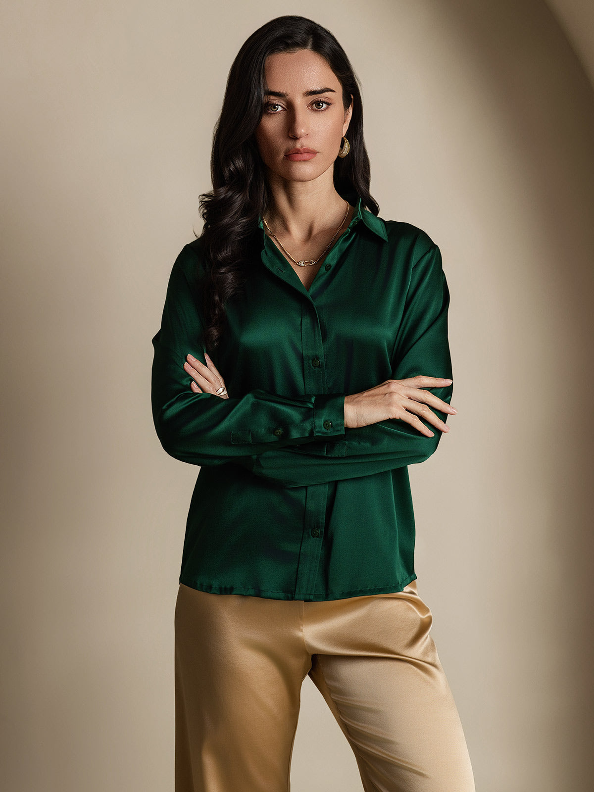 Rosstef 19Momme Silk Long Sleeve Lapel Collar Women's Shirt