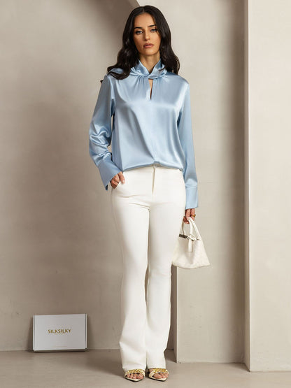 Rosstef 19Momme Silk Keyhole Neck Blouse with Pearl Buttons