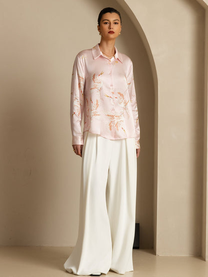 Rosstef 100% Mulberry Silk Long Sleeve Lapel Collar Women's Crane Print Button Blouse