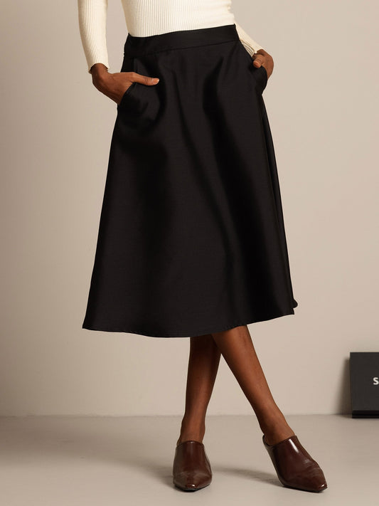 Rosstef 32Momme Silk-Wool Blend A Line Midi Skirt with Zipper Design