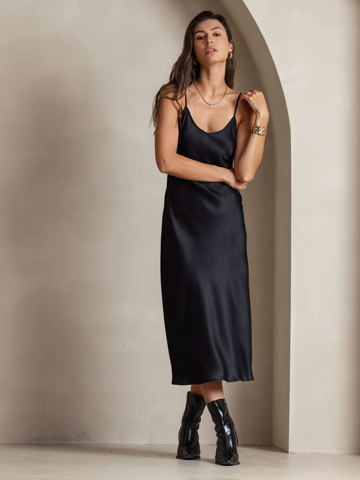 Rosstef 100% Mulberry Silk Spaghetti Strap V Neck Midi Dress