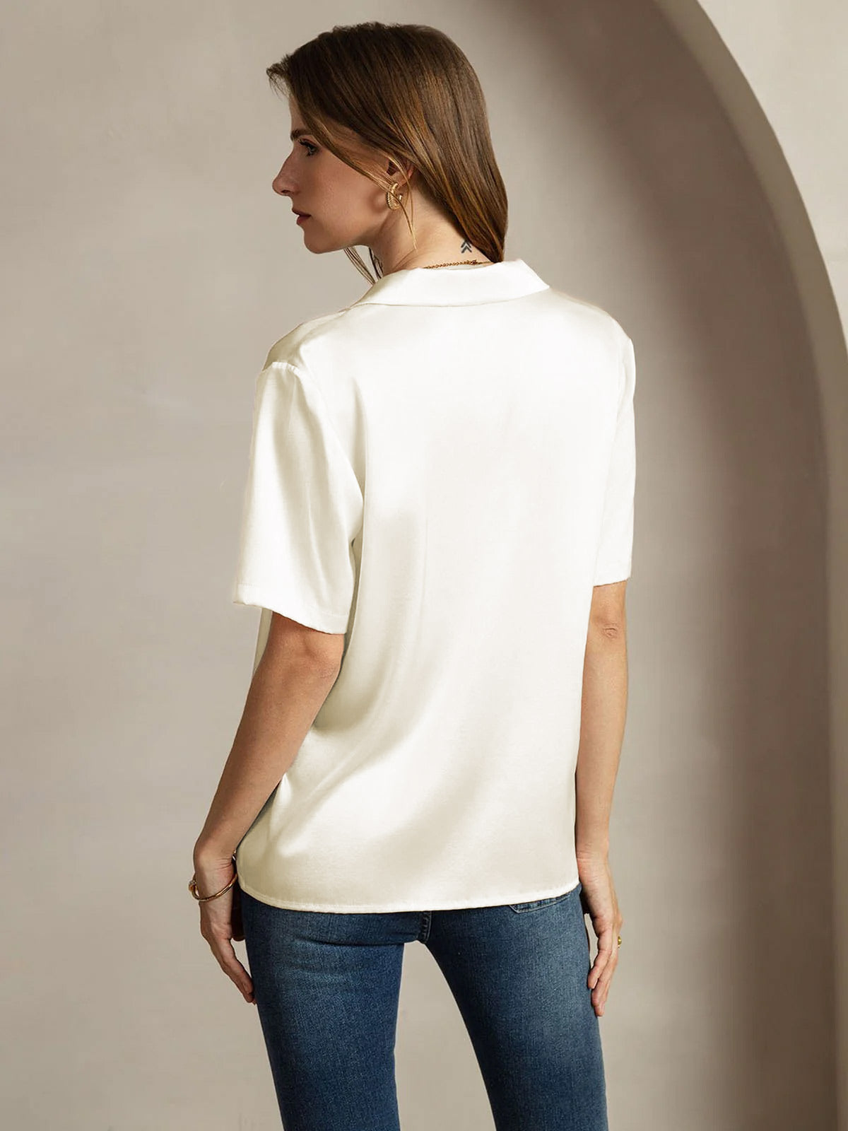 Rosstef 19Momme Silk Short Sleeve Notched Lapel Kadın Elbisesi