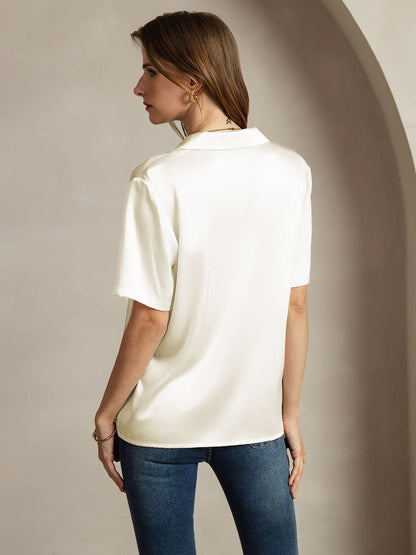 Rosstef 19Momme Silk Short Sleeve Notched Lapel Kadın Elbisesi