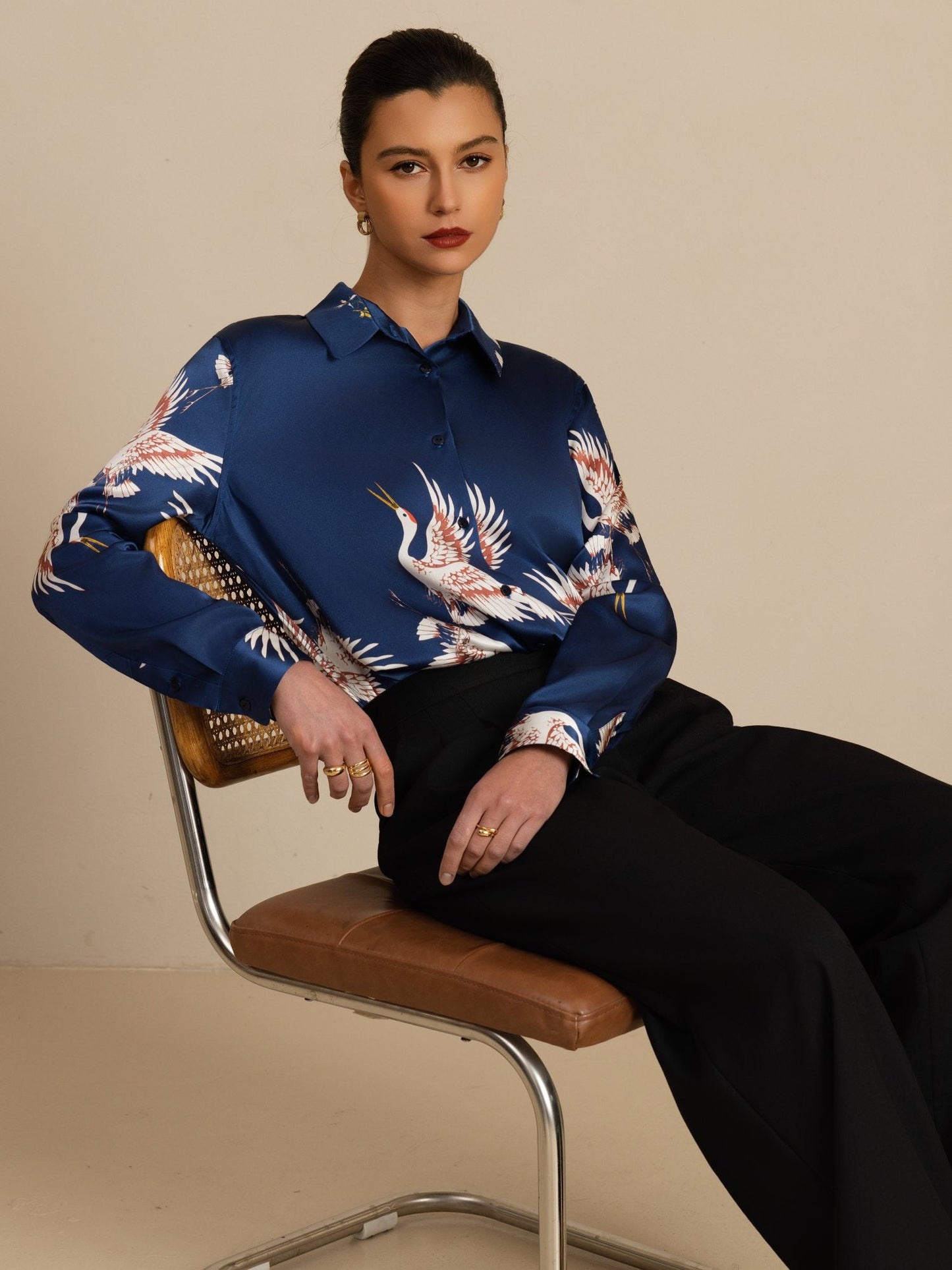 Rosstef 100% Mulberry Silk Long Sleeve Lapel Collar Women's Crane Print Button Blouse