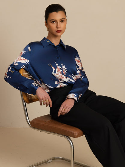 Rosstef 100% Mulberry Silk Long Sleeve Lapel Collar Women's Crane Print Button Blouse