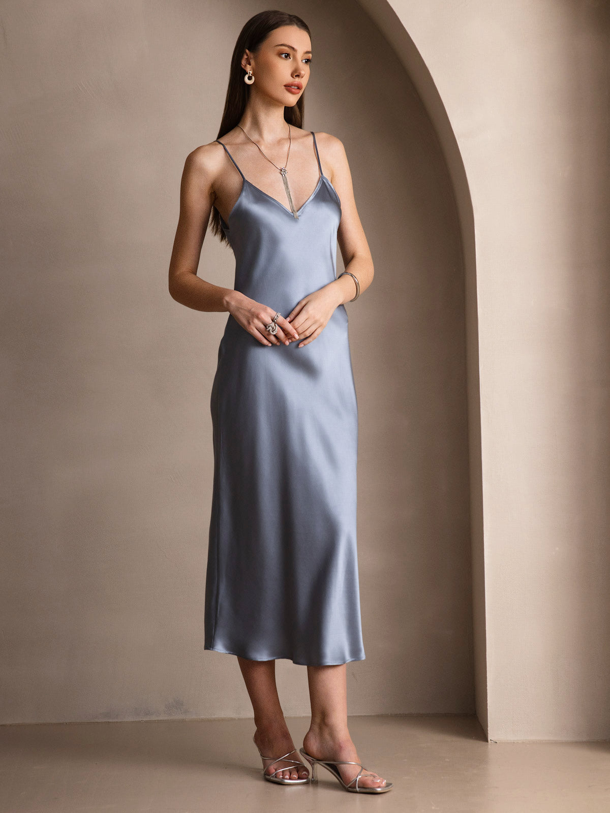 Rosstef 100% Mulberry Silk Spaghetti Strap Midi Long Dress