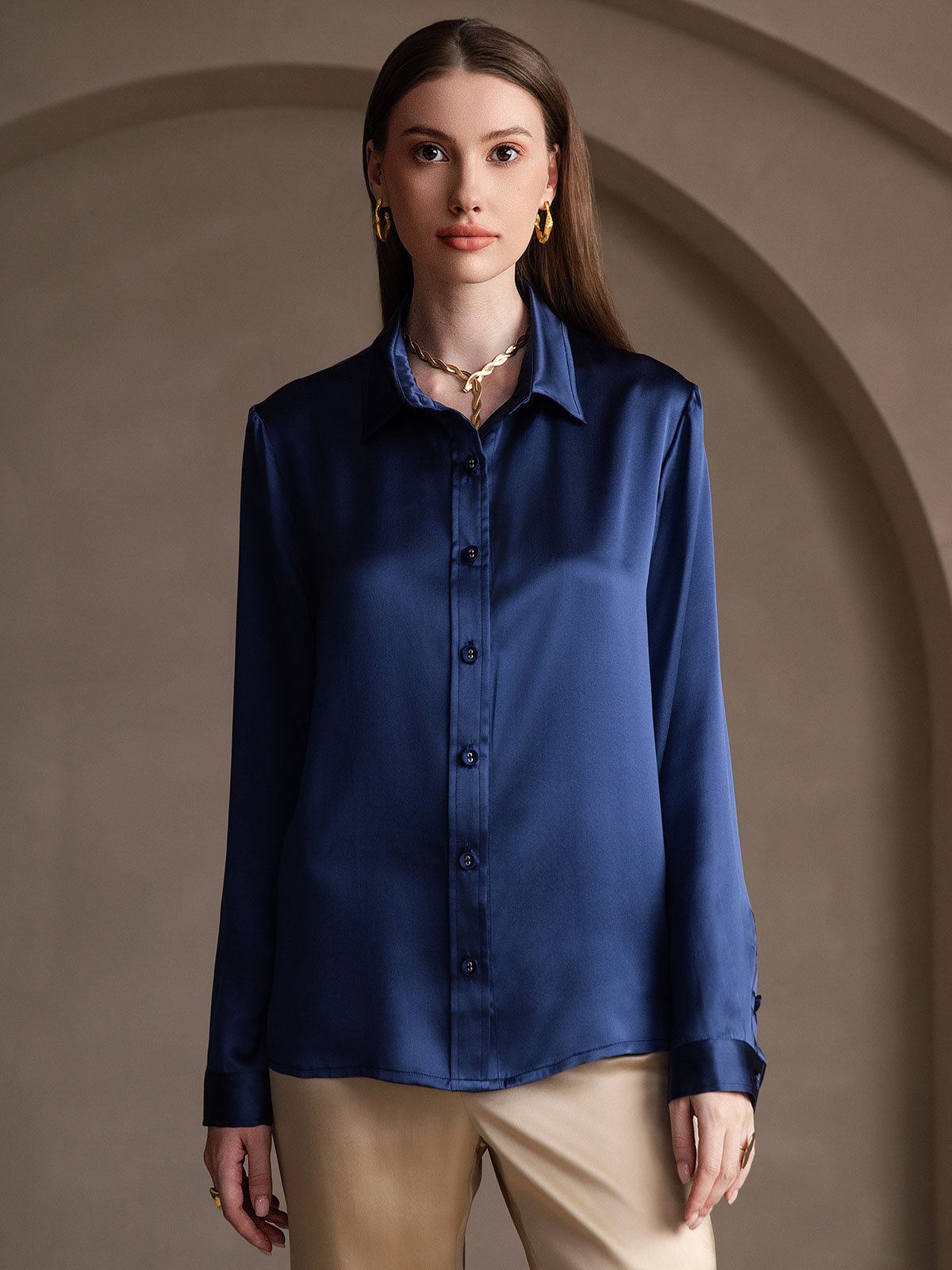 Rosstef 19Momme Silk Long Sleeve Lapel Collar Women's Shirt