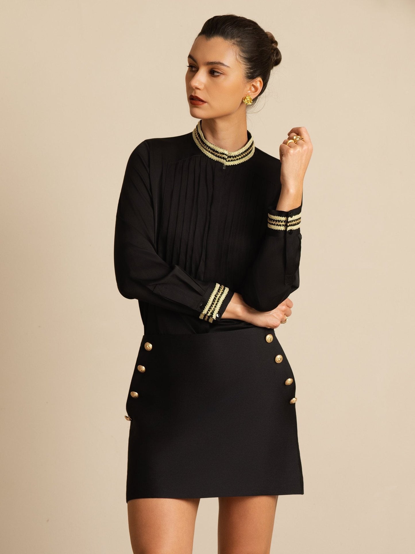 Rosstef 19Momme Stretch Silk Pleated Stand Collar Blouse
