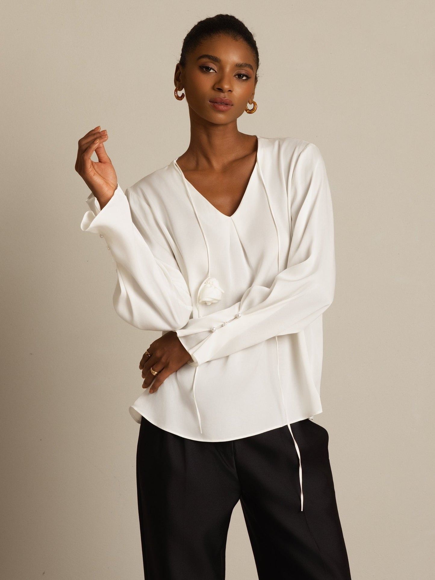 Rosstef 19Momme Stretch Silk V Neck Long Sleeve Blouse