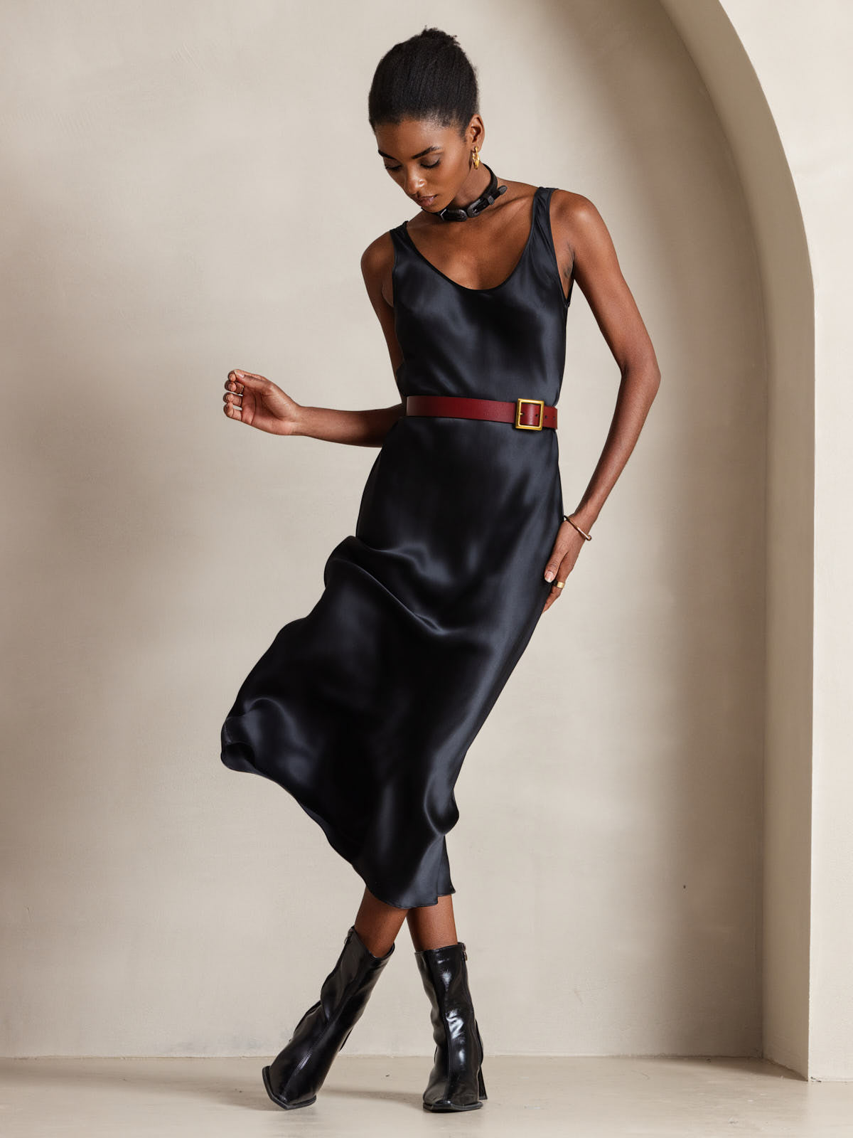 Rosstef 100% Mulberry Silk U Neck Midi Long Dress