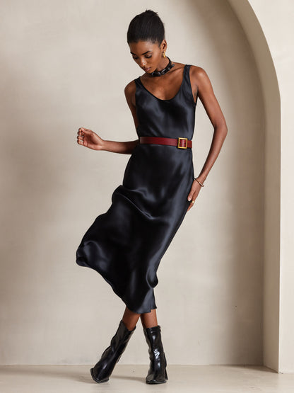 Rosstef 100% Mulberry Silk U Neck Midi Long Dress
