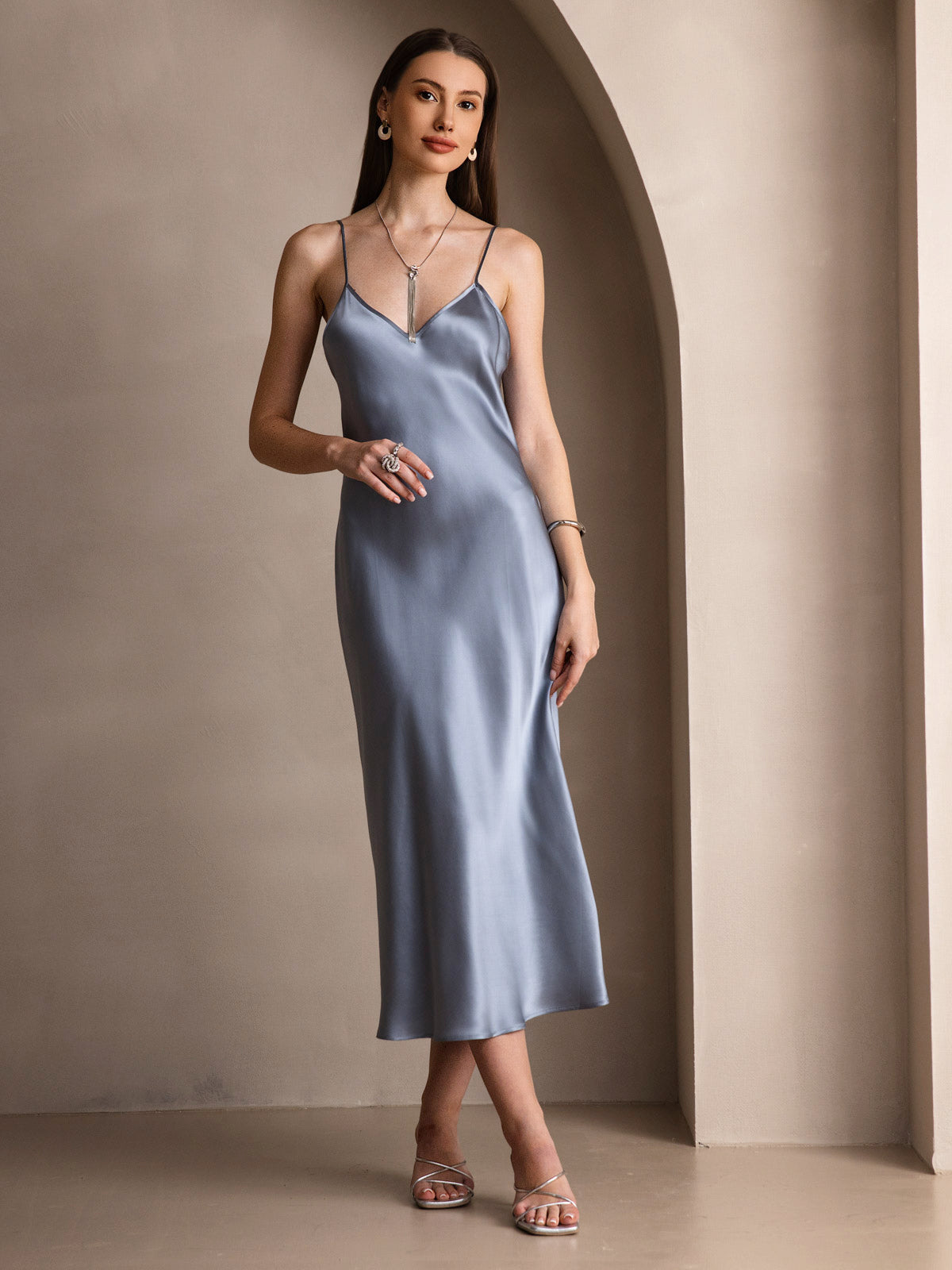 Rosstef 100% Mulberry Silk Spaghetti Strap V Neck Midi Dress