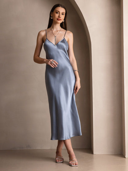 Rosstef 100% Mulberry Silk Spaghetti Strap V Neck Midi Dress