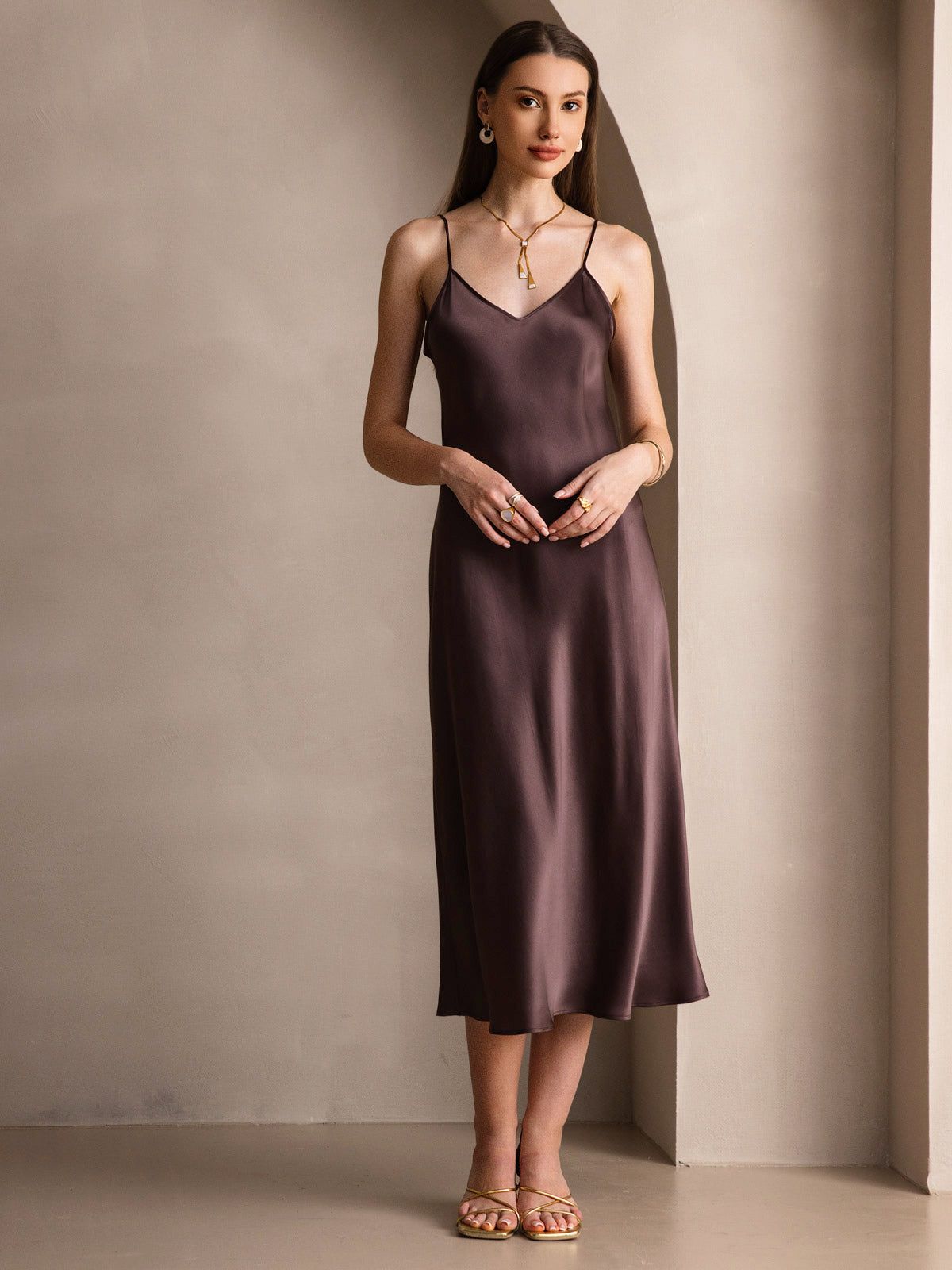 Rosstef 100% Mulberry Silk Spaghetti Strap V Neck Midi Dress