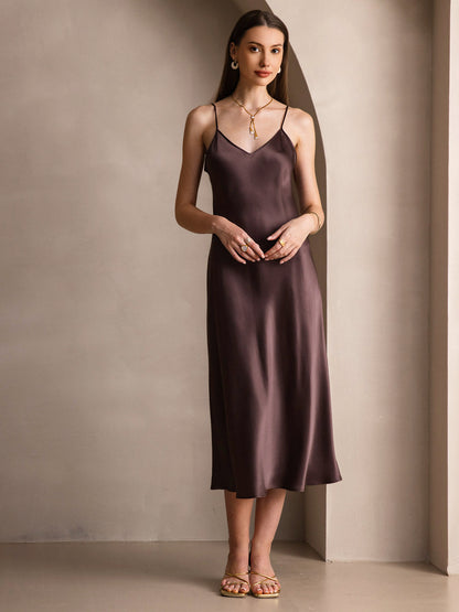 Rosstef 100% Mulberry Silk Spaghetti Strap V Neck Midi Dress