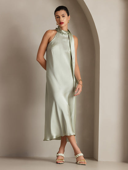 Rosstef 19Momme Silk Sleeveless Tie Neck Midi Dress