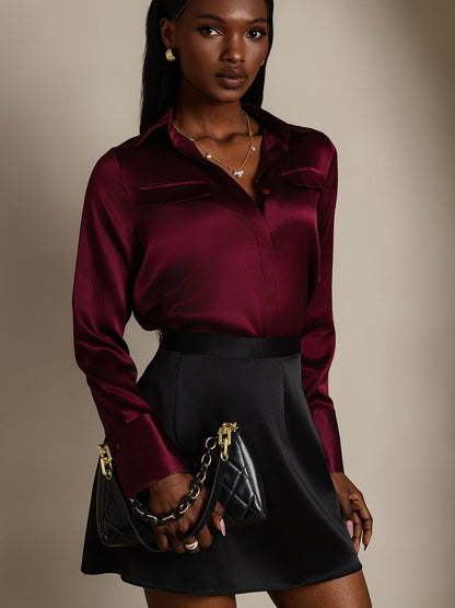 Rosstef 19Momme Silk Long Sleeve Lapel Collar Military Shirt