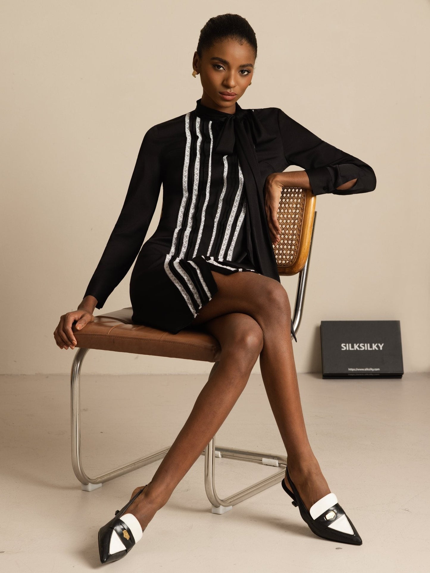 Rosstef 19Momme Stretch Silk Tie-Neck Short Shirt Dress