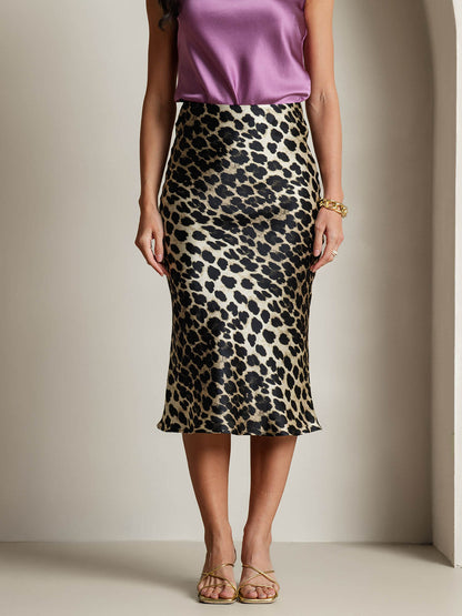 Rosstef 19Momme Leopard Print Stretch Straight Long Skirt