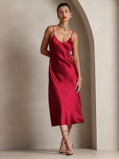 Rosstef 100% Mulberry Silk Spaghetti Strap V Neck Midi Dress