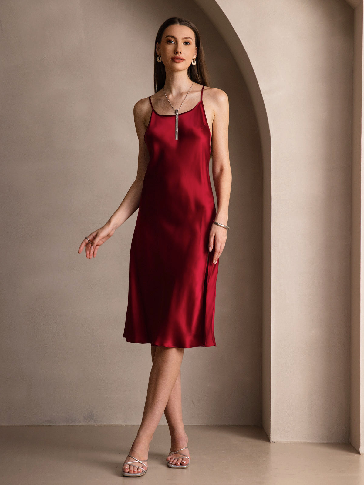 Rosstef Pure Silk Midi Dress with Criss Cross V-Back