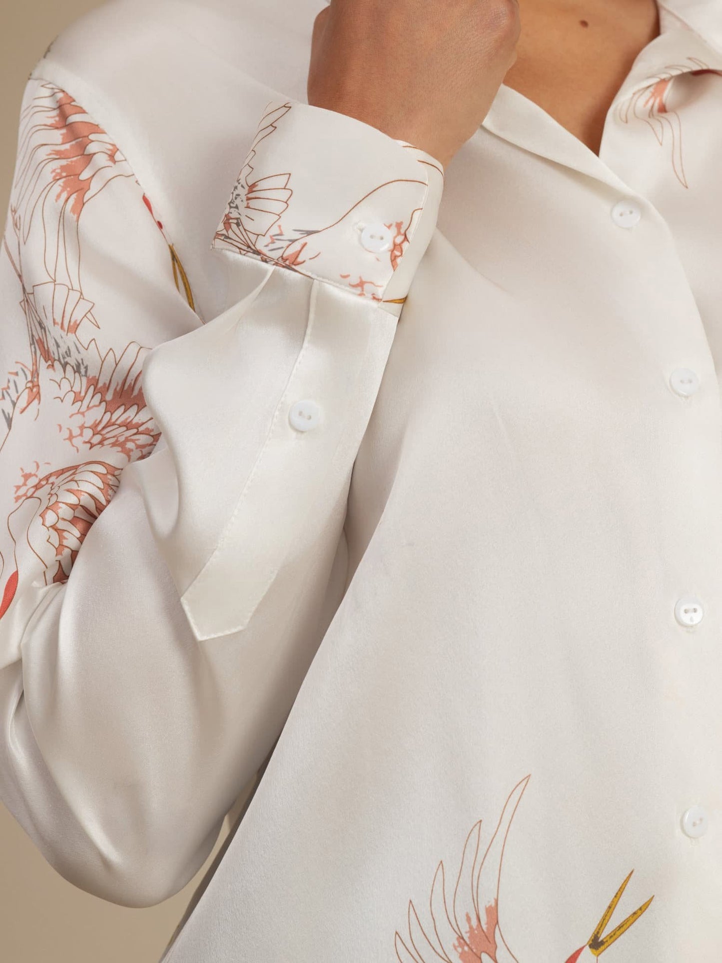 Rosstef 100% Mulberry Silk Long Sleeve Lapel Collar Women's Crane Print Button Blouse