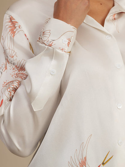 Rosstef 100% Mulberry Silk Long Sleeve Lapel Collar Women's Crane Print Button Blouse
