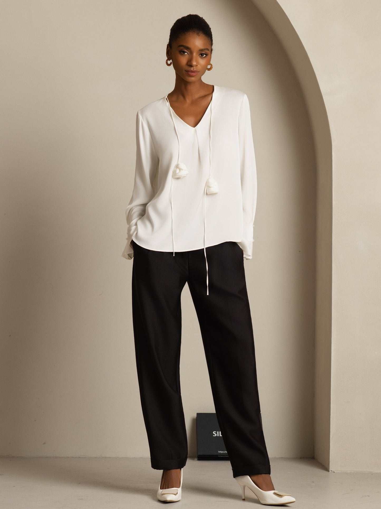 Rosstef 19Momme Stretch Silk V Neck Long Sleeve Blouse