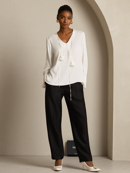 Rosstef 19Momme Stretch Silk V Neck Long Sleeve Blouse