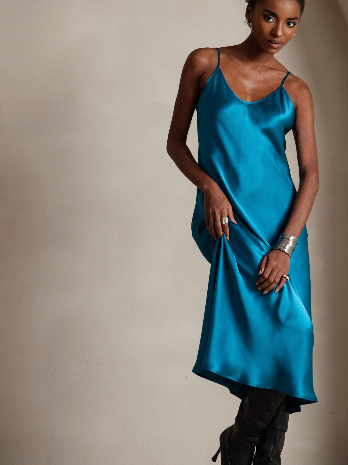 Rosstef 100% Mulberry Silk Spaghetti Strap Midi Long Dress