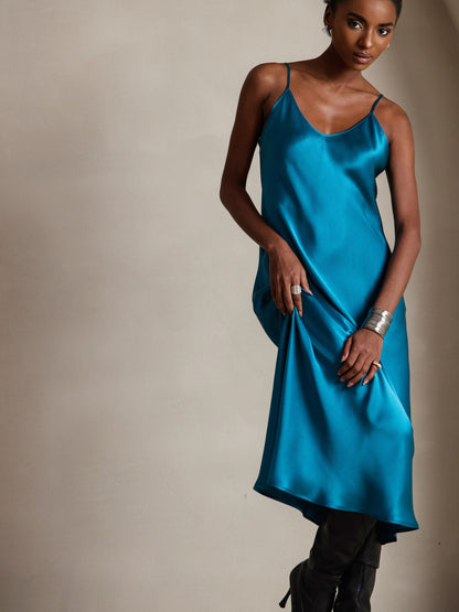 Rosstef 100% Mulberry Silk Spaghetti Strap Midi Long Dress