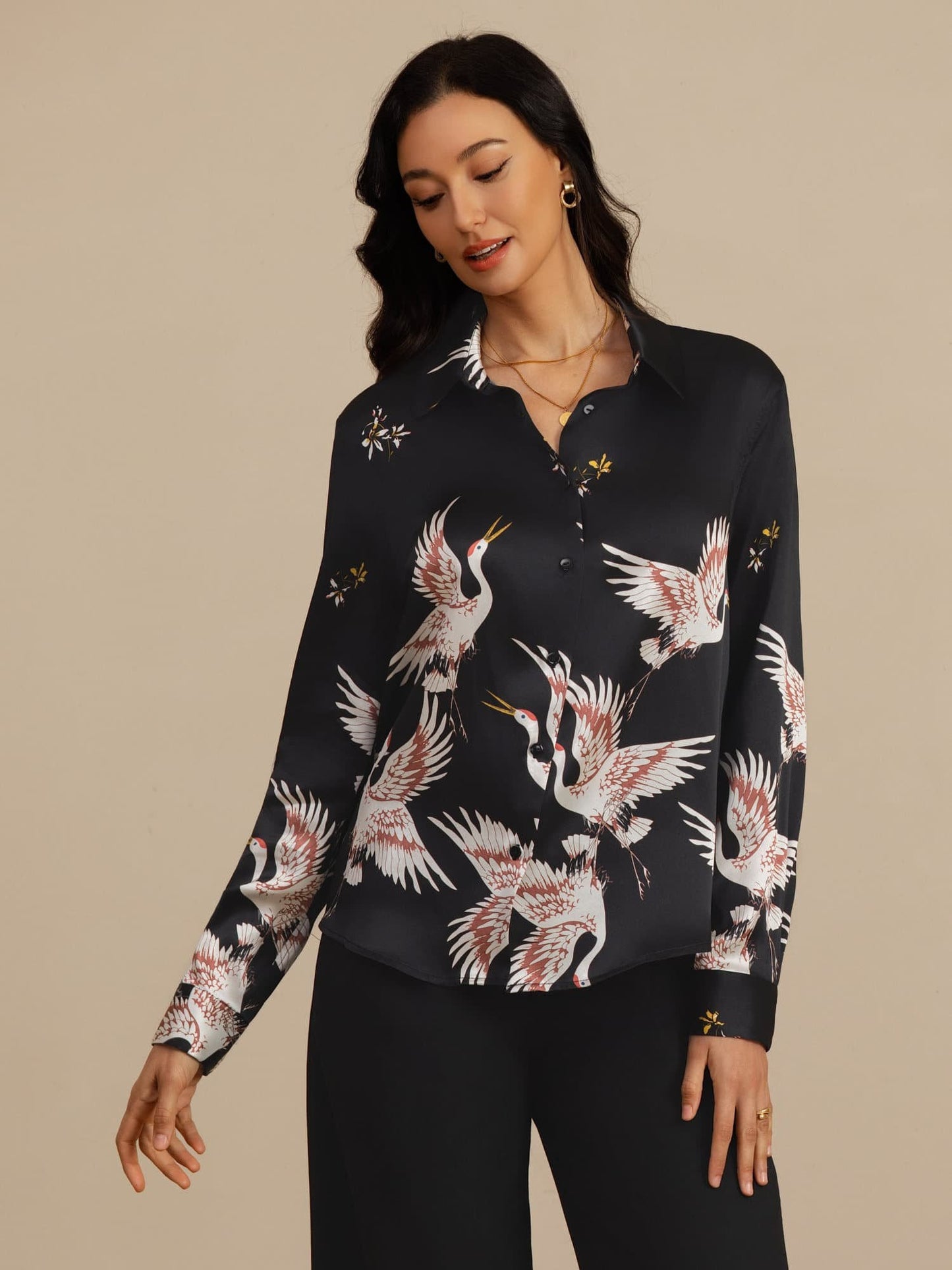 Rosstef 100% Mulberry Silk Long Sleeve Lapel Collar Women's Crane Print Button Blouse