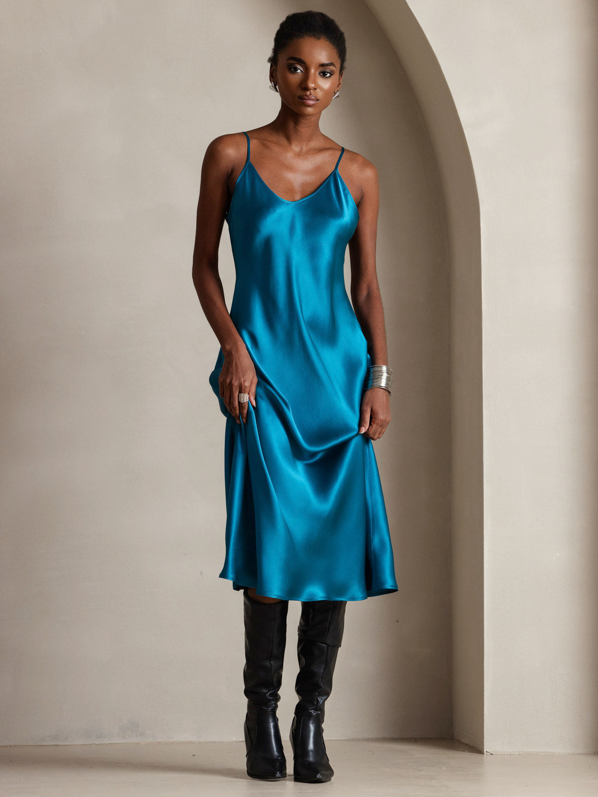 Rosstef 100% Mulberry Silk Spaghetti Strap V Neck Midi Dress
